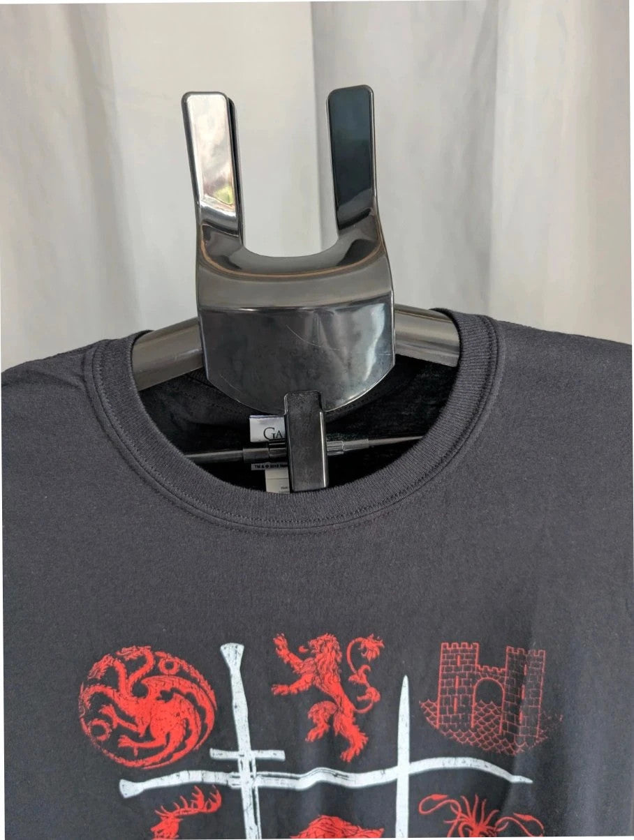 Game Of Thrones graphic tee black with red house sigils and crossing swords print.