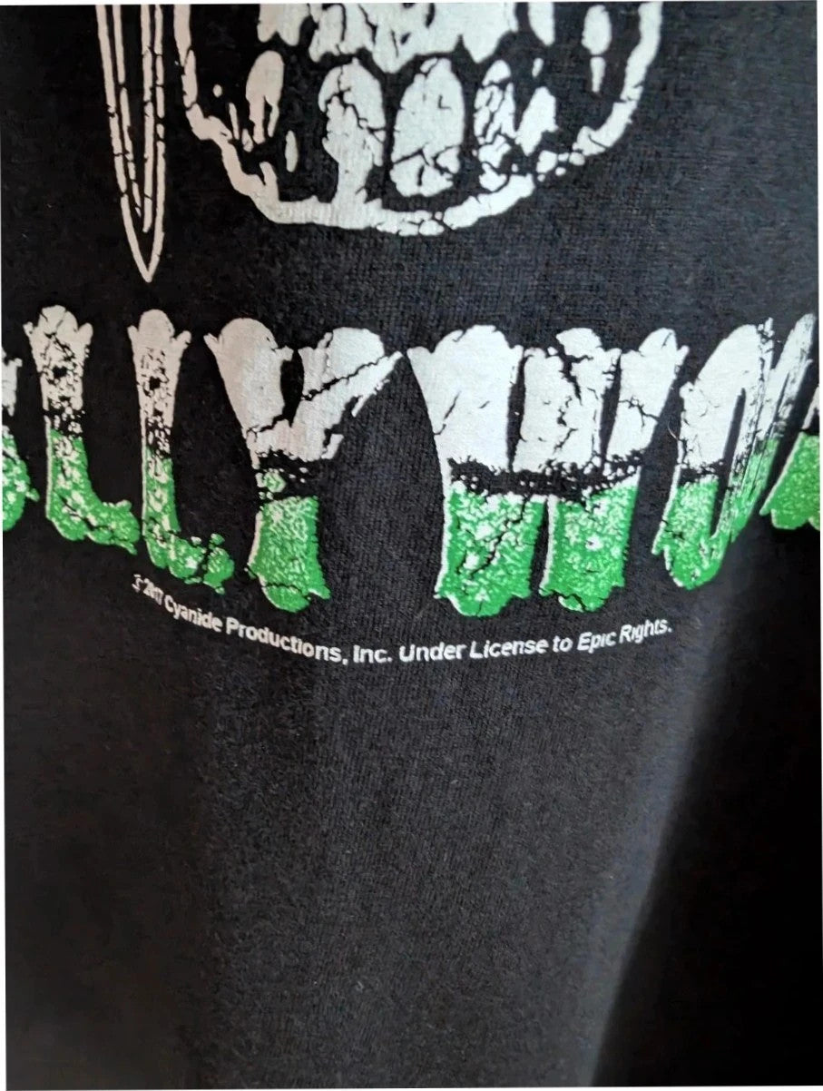Poison black graphic tee featuring iconic skull and crossbones logo with green and white print.