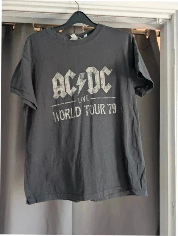 AC/DC black graphic t-shirt with distressed lightning bolt tour print, crew neck, cotton blend.