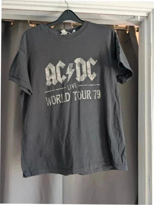 AC/DC black graphic t-shirt with distressed lightning bolt tour print, crew neck, cotton blend.