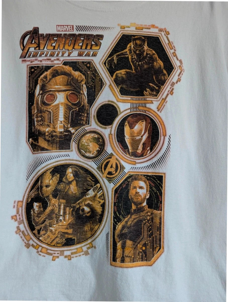 Marvel white graphic tee featuring Black Panther, Iron Man, and Captain America prints.