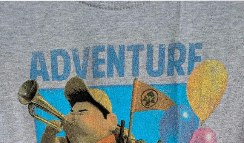 Disney grey marl pocket t-shirt featuring Up characters Carl, Russell, Dug, and Kevin.