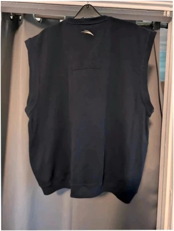 Donnay navy blue v-neck knitted sweater vest with embroidered logo and ribbed details.