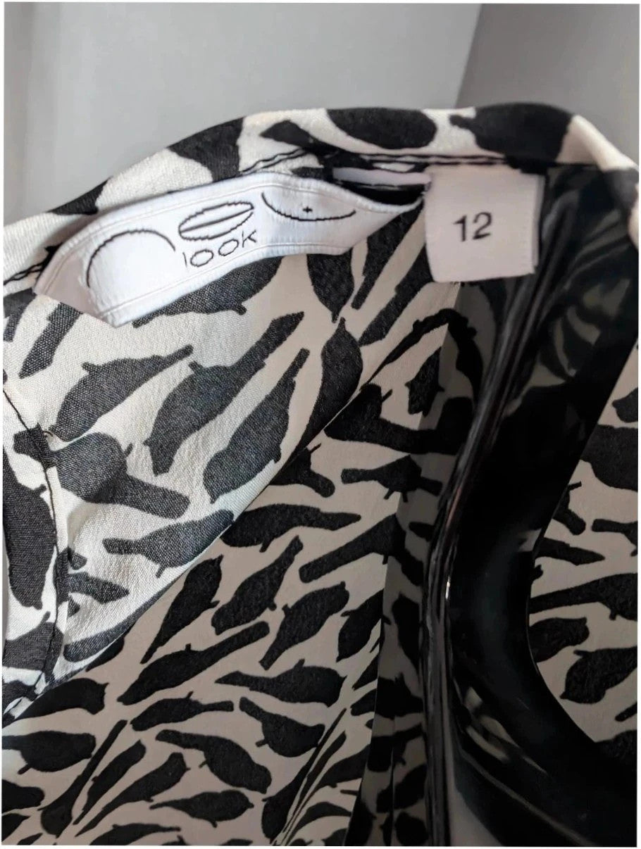New Look black and white bird print mini dress with lace Peter Pan collar.