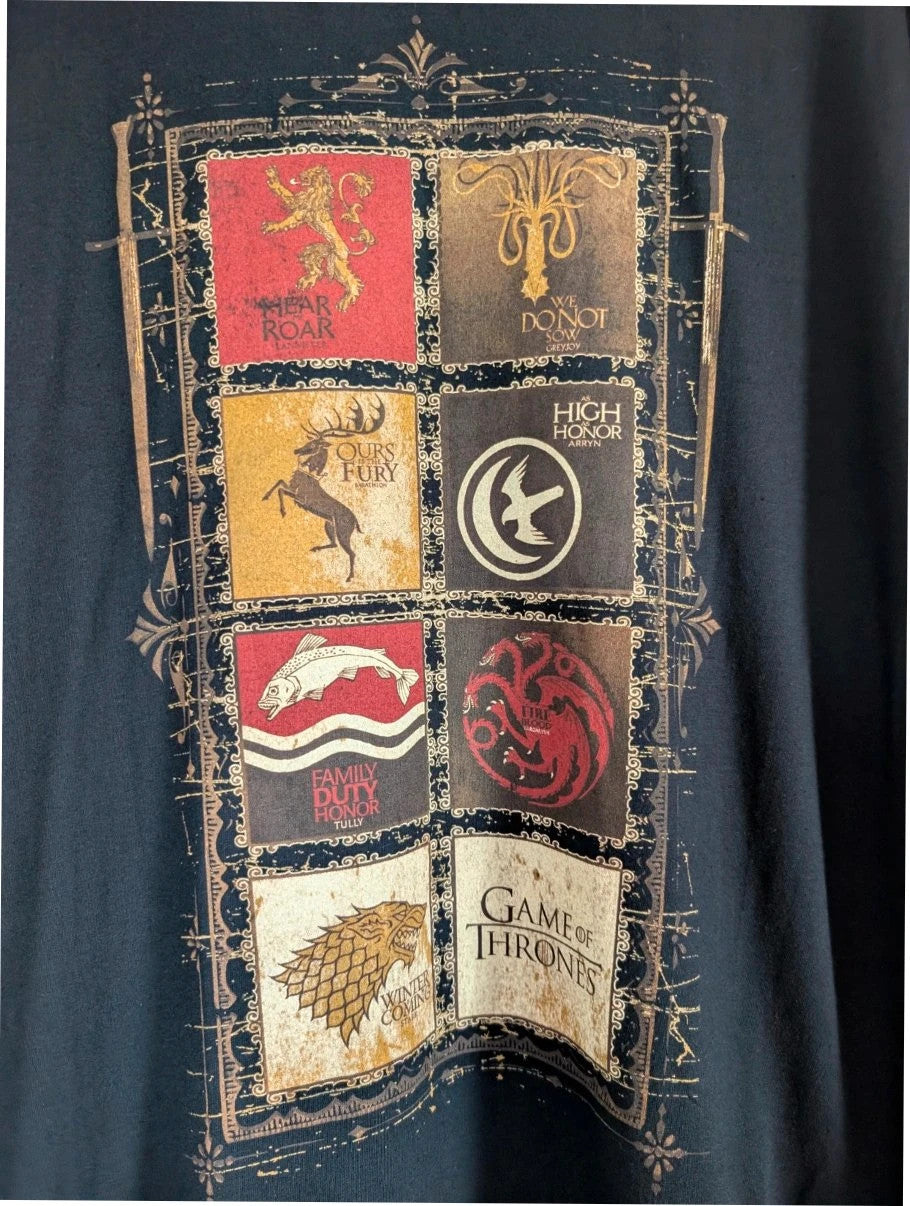 Game Of Thrones black graphic tee featuring house sigils print on soft cotton.