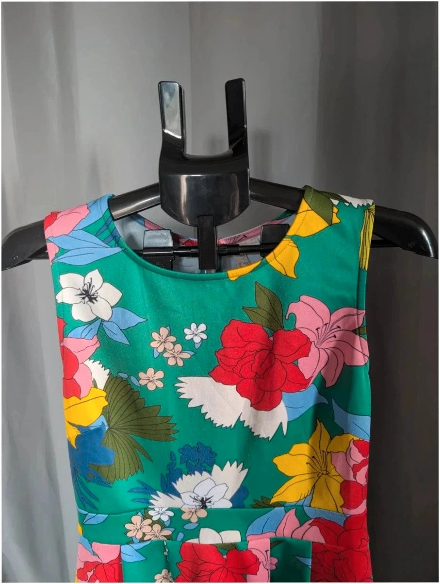 Bodyflirt multi floral print skater dress with pleats and round neckline, stretch jersey fabric.
