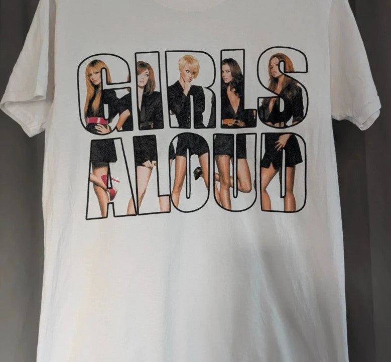 Y2K white pocket t-shirt featuring Girls Aloud band graphic and typography print.