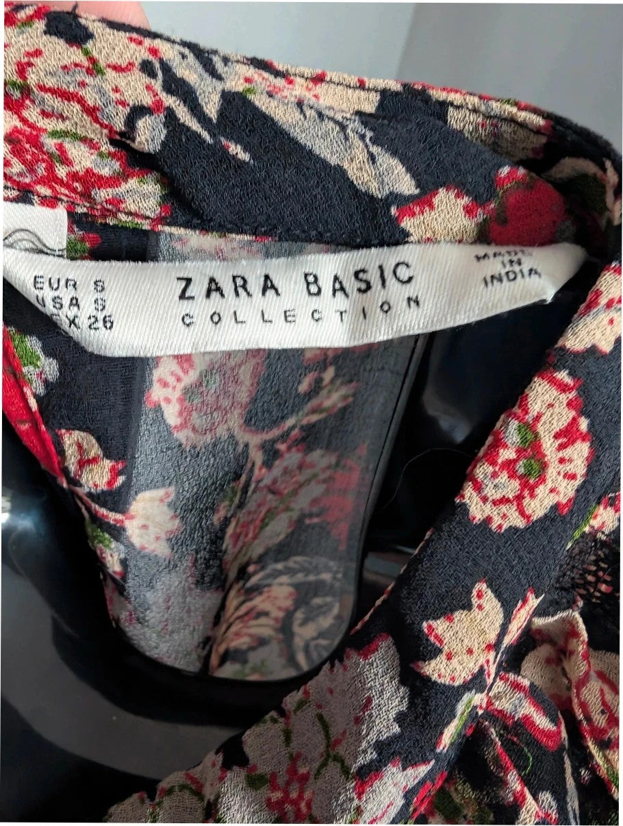Zara black floral chiffon tunic blouse with tiered ruffle bib and crochet lace details.
