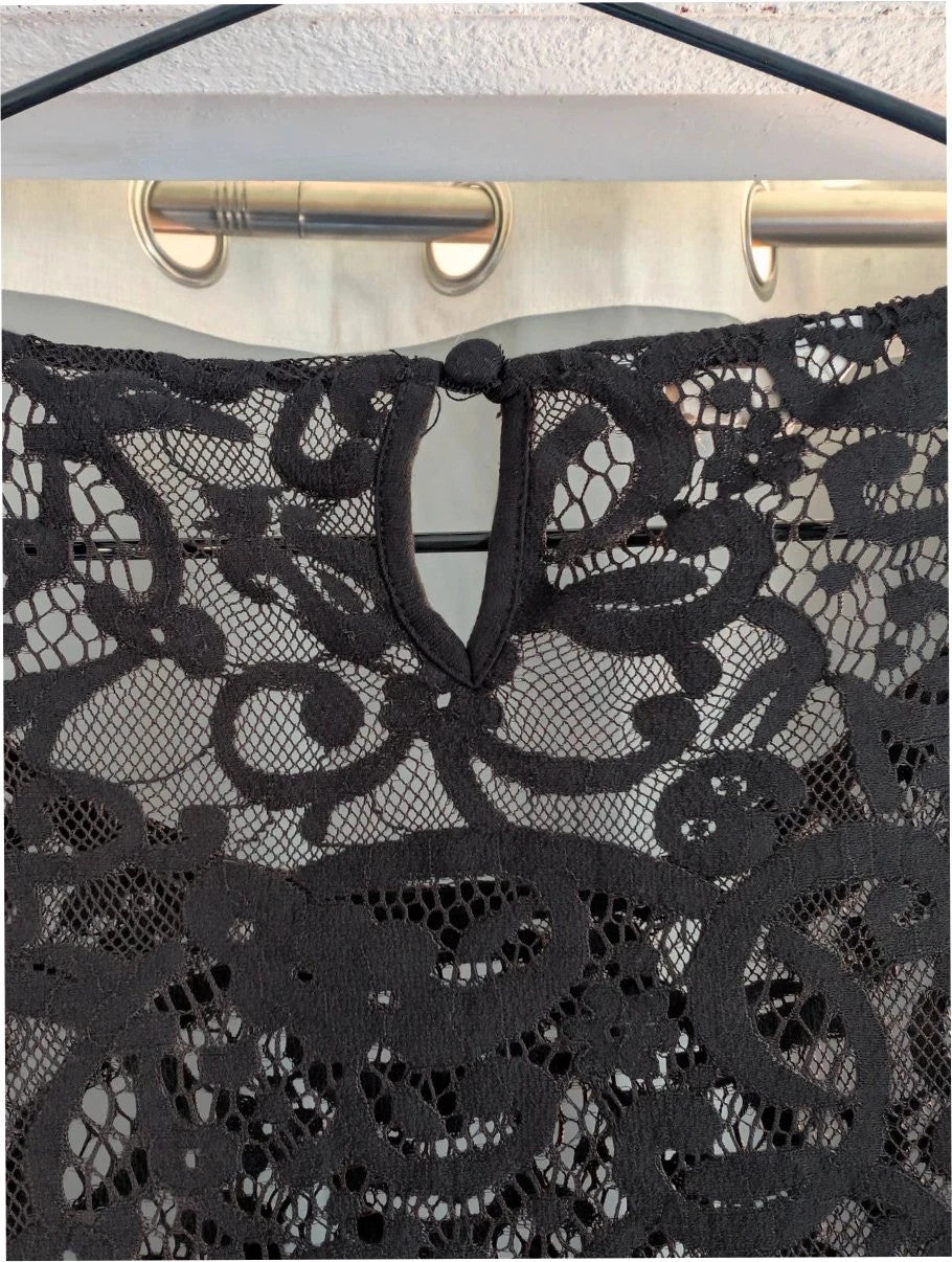 Monsoon black sheer floral lace mini dress with 3/4 sleeves and scoop neckline.