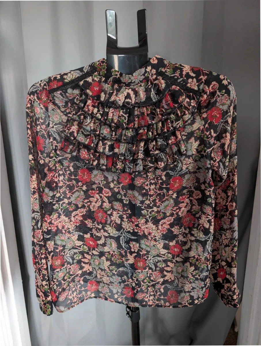 Zara black floral chiffon tunic blouse with tiered ruffle bib and crochet lace details.