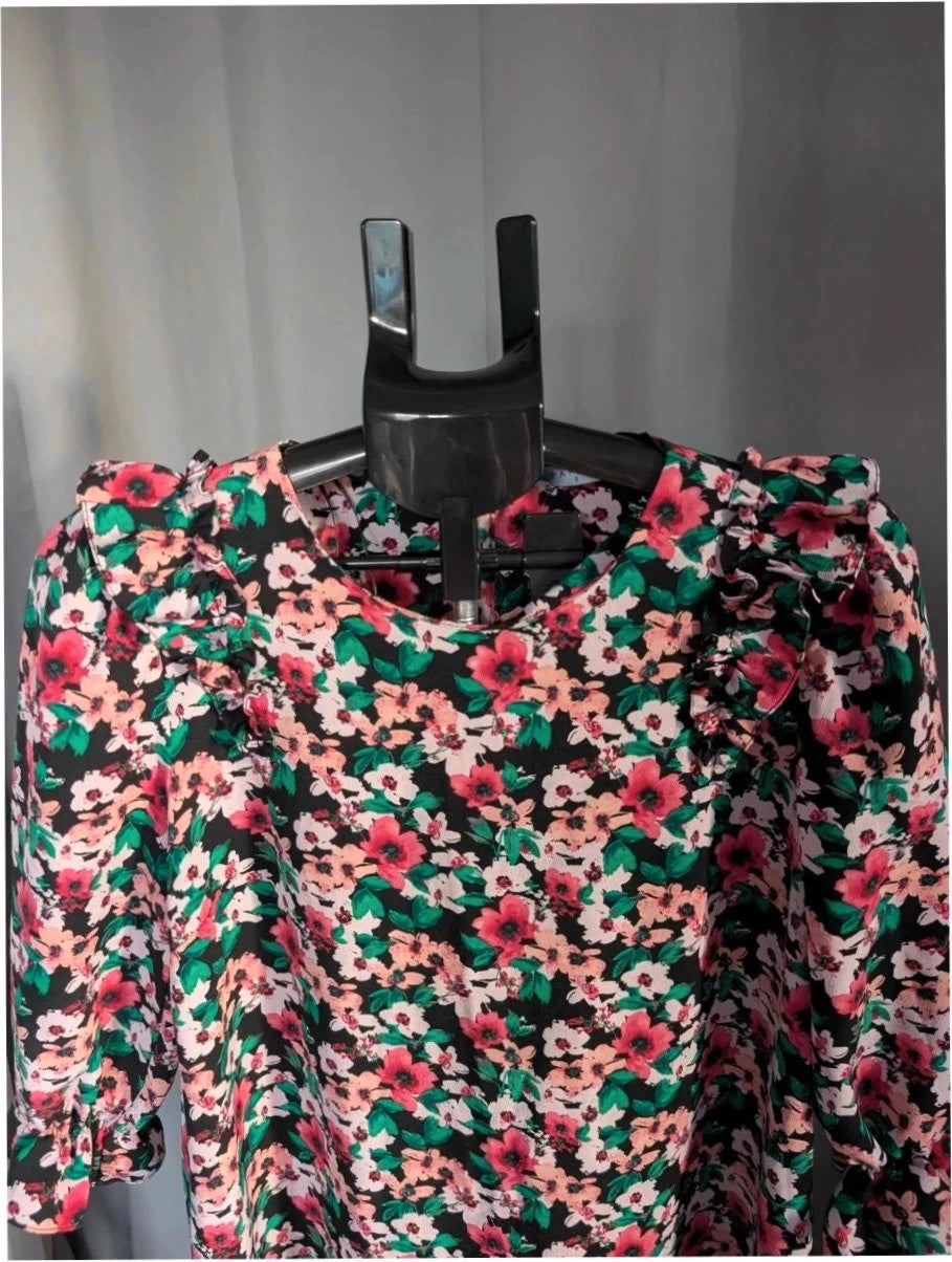 Papaya multi floral mini dress with ruffle shoulders, tiered hem, and keyhole back.