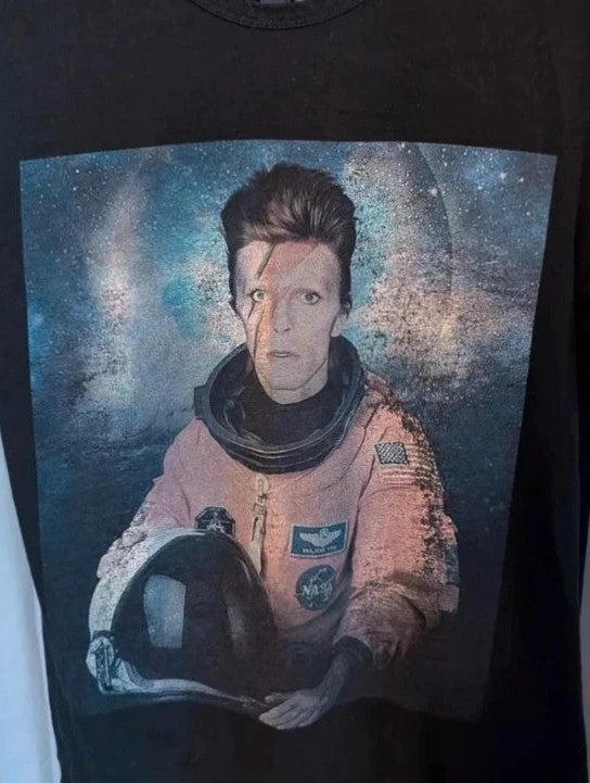 LaBarNa black graphic t-shirt featuring Ziggy Stardust astronaut print and lightning bolt design.