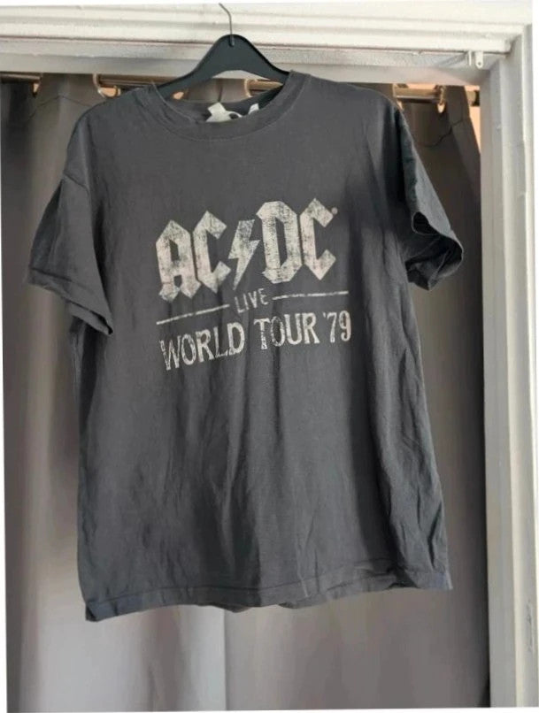 AC/DC graphic tee grey with distressed lightning bolt print on soft cotton blend fabric.
