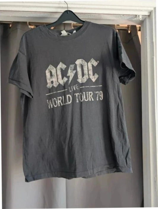 AC/DC graphic tee grey with distressed lightning bolt print on soft cotton blend fabric.