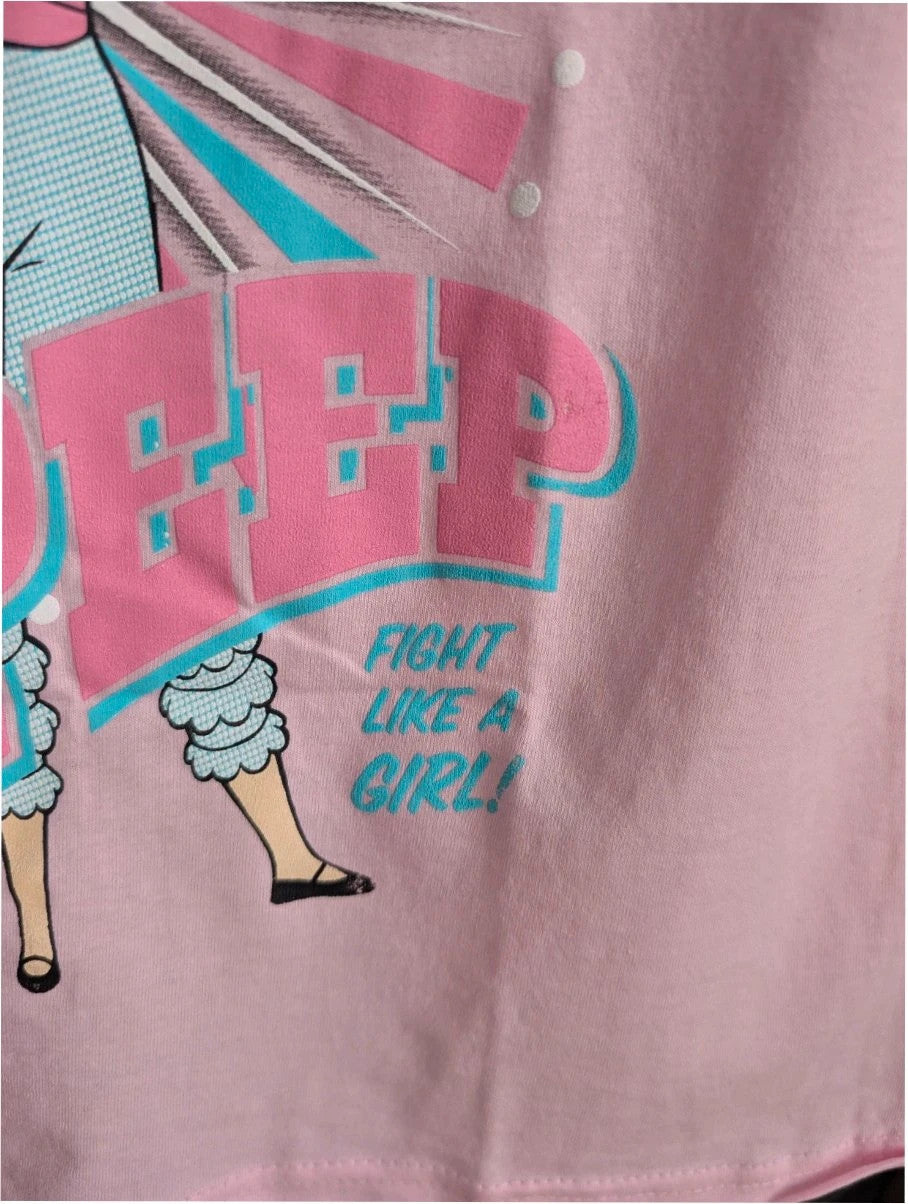 Disney pink graphic t-shirt featuring Bo Peep and "Fight Like A Girl!" text.