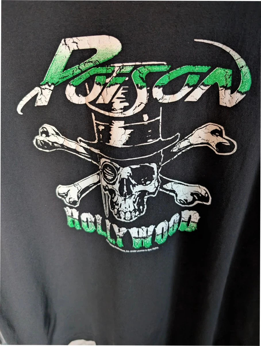 Poison black graphic tee featuring skull and crossbones logo with "Hollywood" print.