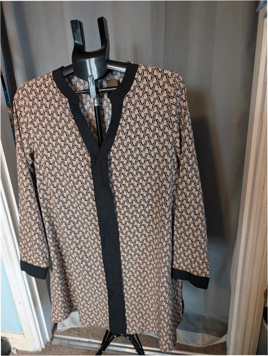 If Yoou beige tunic dress with black geometric print and split Mandarin collar.