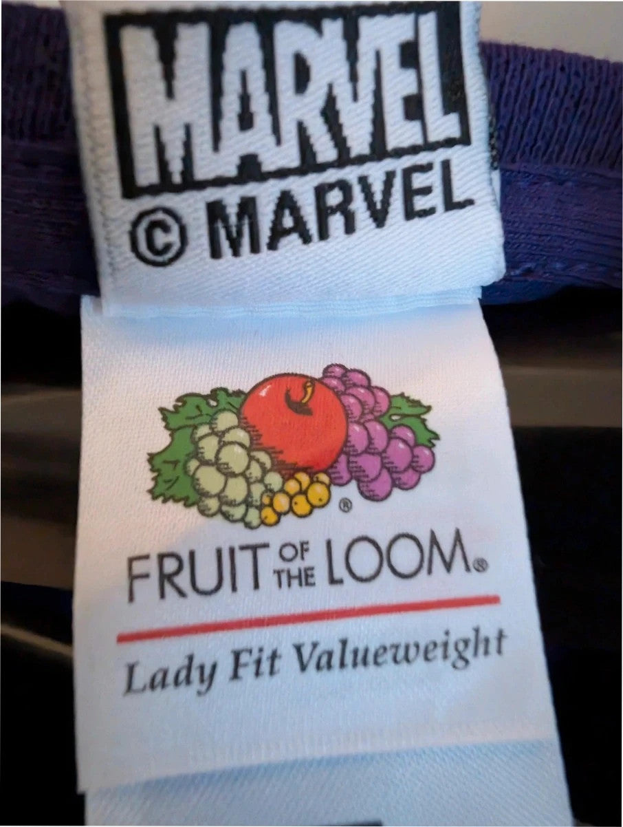 Marvel graphic t-shirt purple featuring "Sorry I'm Late" text and Captain Marvel star motif.