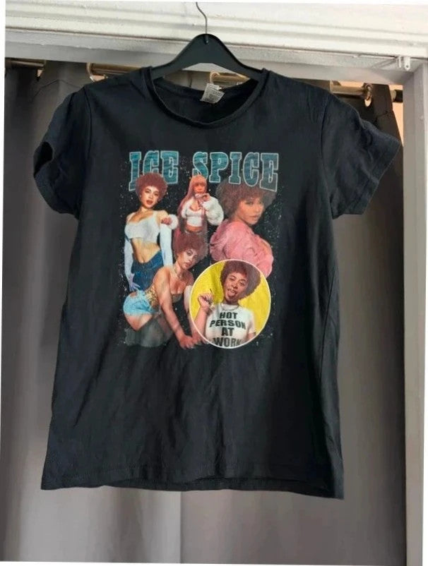 Gildan black graphic t-shirt featuring vibrant Ice Spice retro 90s print, heavyweight cotton.