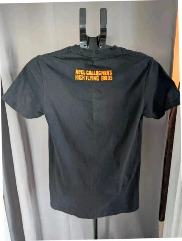 Gildan graphic tee black with orange and blue double-sided band prints, soft cotton.
