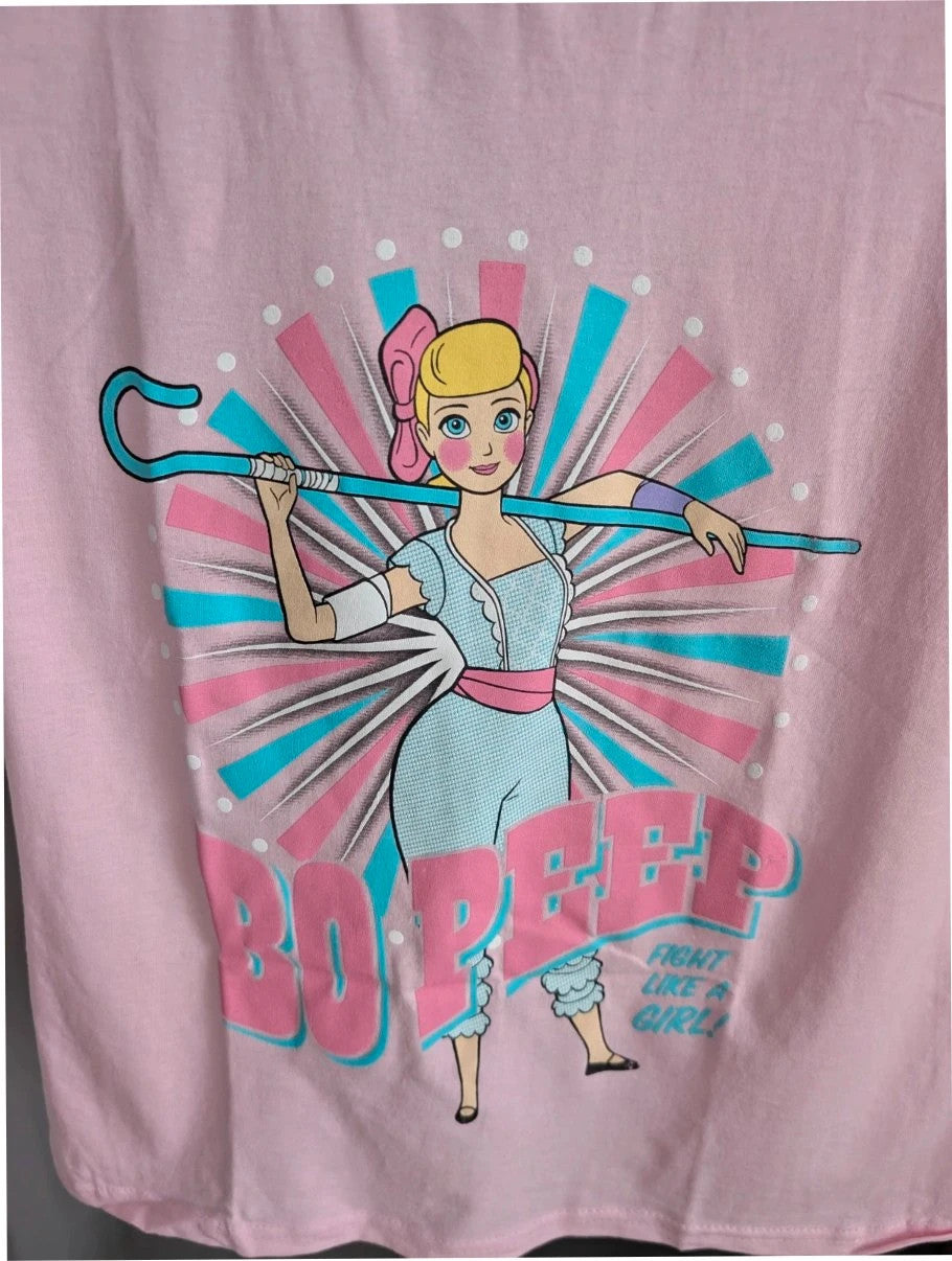 Disney pink graphic t-shirt featuring Bo Peep and "Fight Like A Girl!" text.