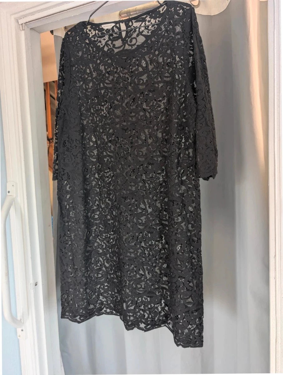 Monsoon black sheer floral lace mini dress with 3/4 sleeves and scoop neckline.