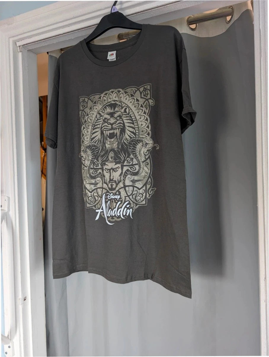 Fruit of the Loom charcoal grey graphic tee featuring Jafar, cobras, and magic lamp print.