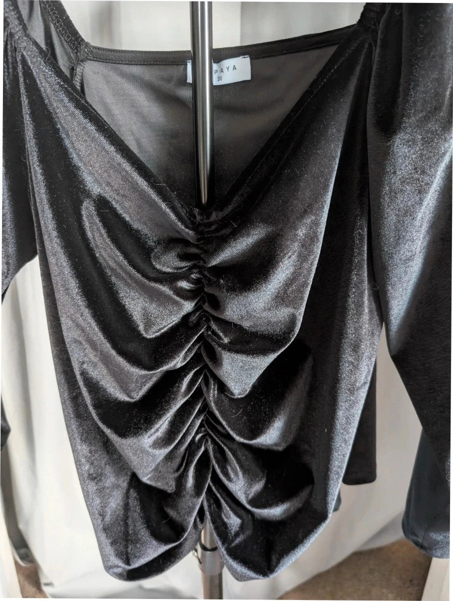 Papaya black stretch velvet tunic blouse with ruched sweetheart bustline and puff shoulders.