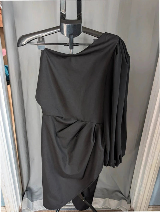 Boohoo black one shoulder mini dress with balloon sleeve and gathered wrap detail.