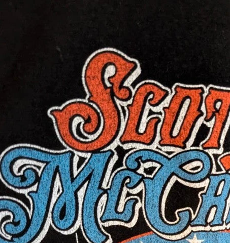 Scotty McCreery black graphic tee with retro truck artwork and tour dates on back.
