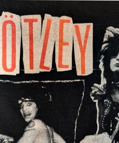 Mötley Crüe black graphic tee featuring retro collage artwork and red block logo.
