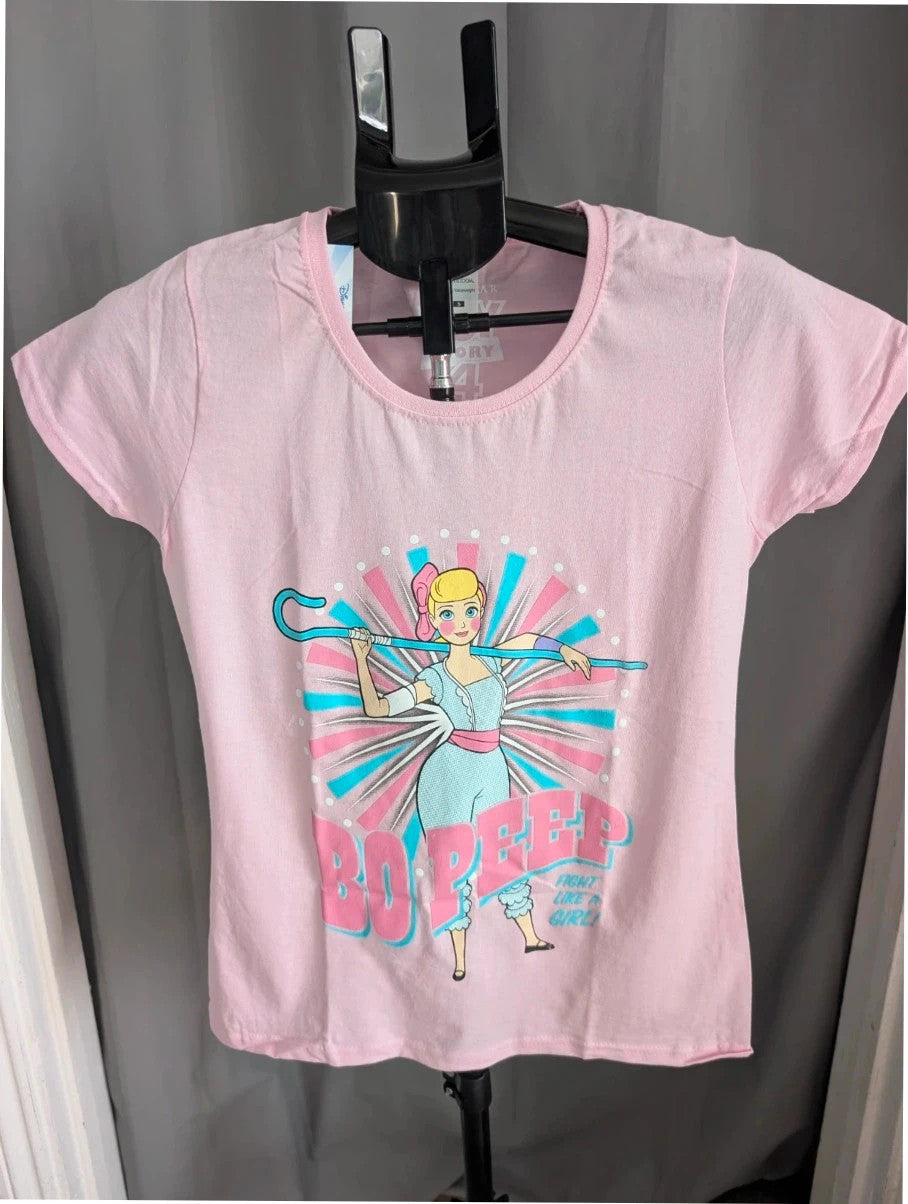 Disney pink graphic t-shirt featuring Bo Peep and "Fight Like A Girl!" text.