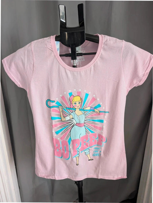Disney pink graphic t-shirt featuring Bo Peep and "Fight Like A Girl!" text.