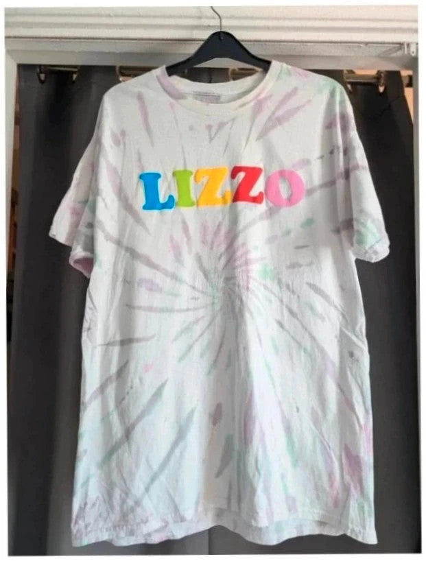 Lizzo Official Merch multi tie dye graphic t-shirt with puff print lettering and crew neck.