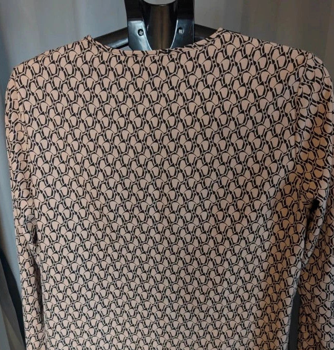 If Yoou beige tunic dress with black geometric print and split Mandarin collar.