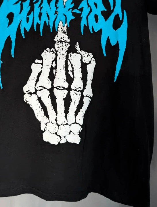 Blink 182 black graphic tee with blue skeleton middle finger design and crew neck.