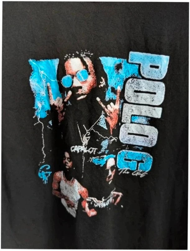 Unbranded black graphic vest featuring vibrant blue Polo G portrait print and classic crew neck.