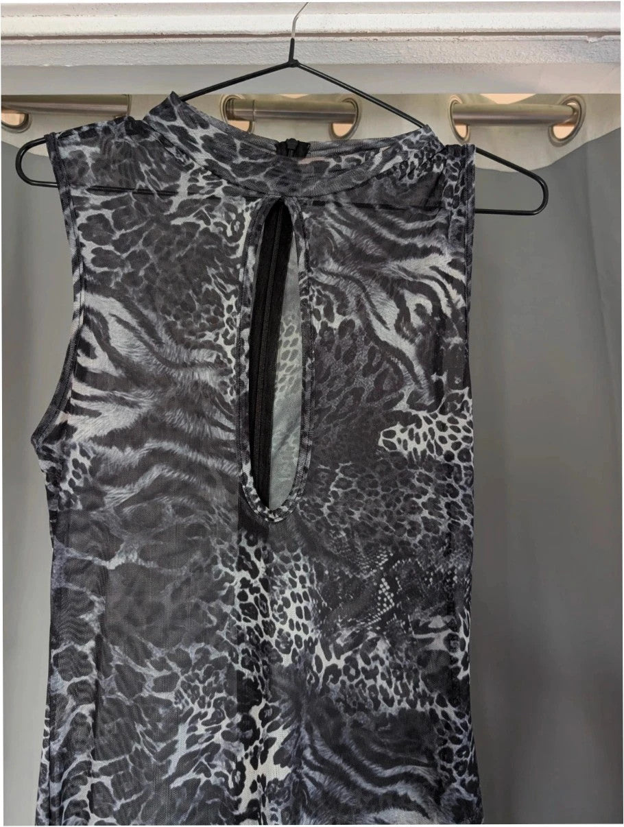 SHEIN grey animal print sheer mesh jumpsuit with high neckline and keyhole cutout.