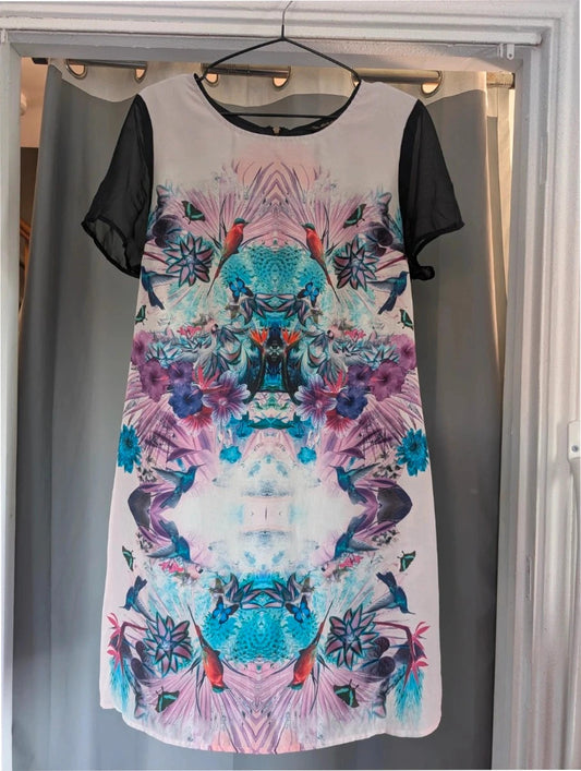 Miss Selfridge multi tropical bird print maxi dress with sheer black sleeves and pink zip.