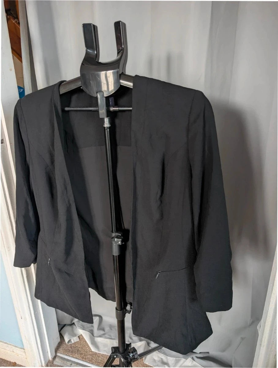 Marks & Spencer black blazer jacket with ruched sleeves and collarless design.