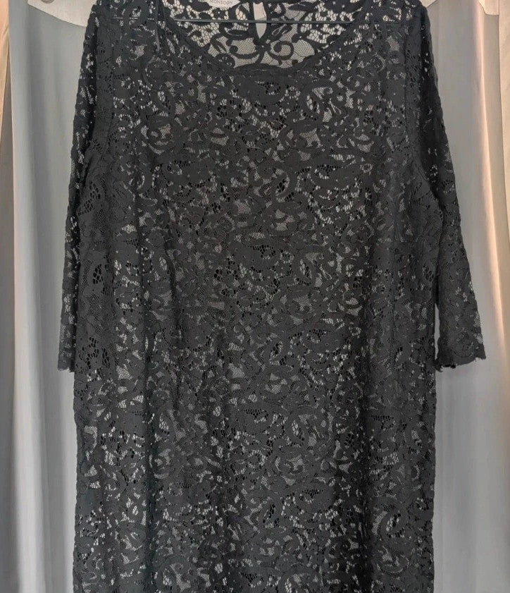 Monsoon black sheer floral lace mini dress with 3/4 sleeves and scoop neckline.