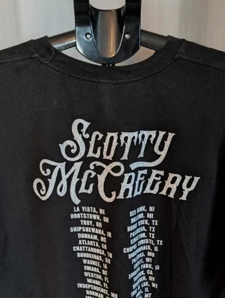 Scotty McCreery black graphic tee with retro truck artwork and tour dates on back.