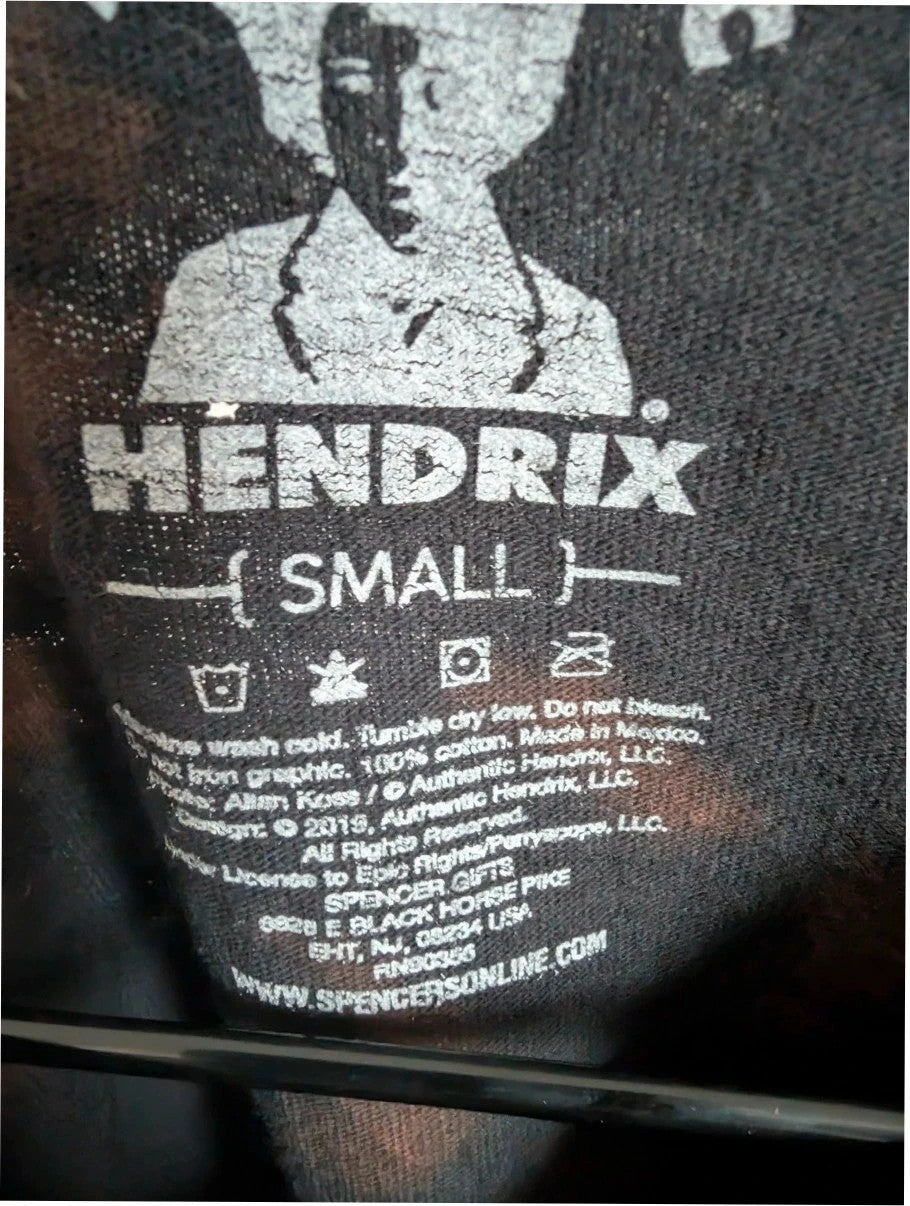 Hendrix graphic tee black bleach tie dye featuring vibrant Jimi Hendrix guitar design.