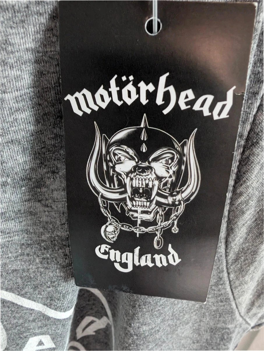 Motörhead grey graphic tee featuring Snaggletooth Warpig emblem and circular print.
