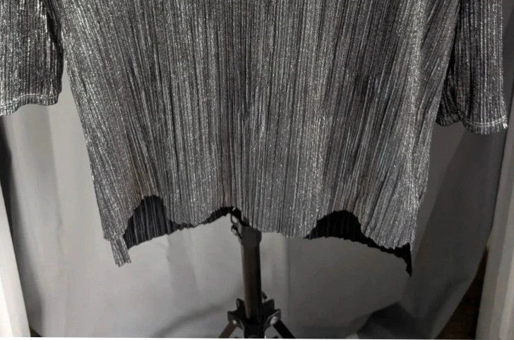 Bershka silver plissé pleated tunic top with scoop neckline and dropped shoulders.