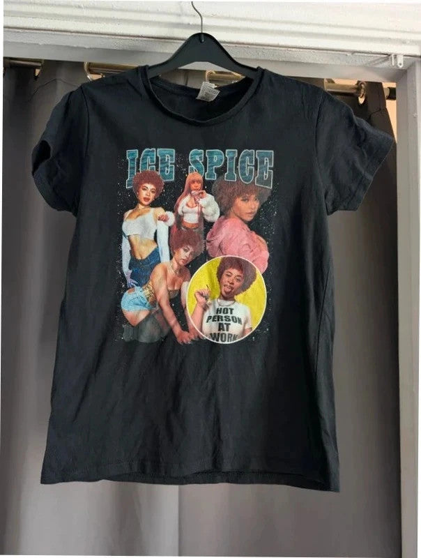 Gildan black graphic t-shirt featuring retro Ice Spice portrait print, heavyweight cotton.