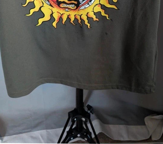 Sublime khaki graphic t-shirt featuring distressed sun artwork and bold red logo print.