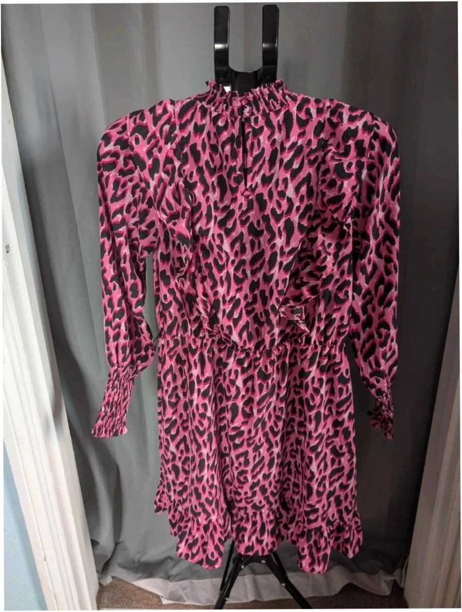 Savida pink and black leopard print mini dress with ruffle details and frill neckline.