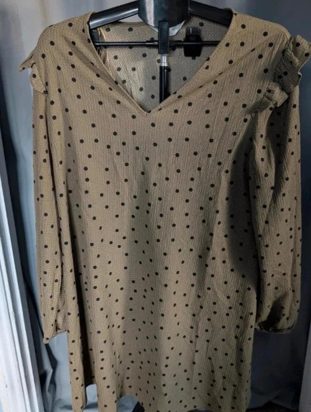 Primark khaki green polka dot tunic dress with ruffle sleeves and V-neckline.