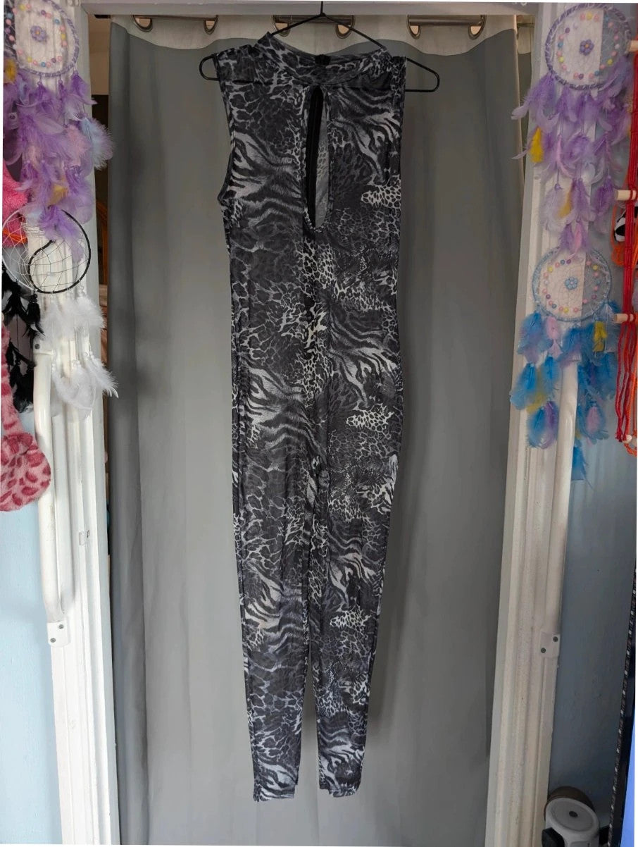 SHEIN grey animal print sheer mesh jumpsuit with high neckline and keyhole cutout.